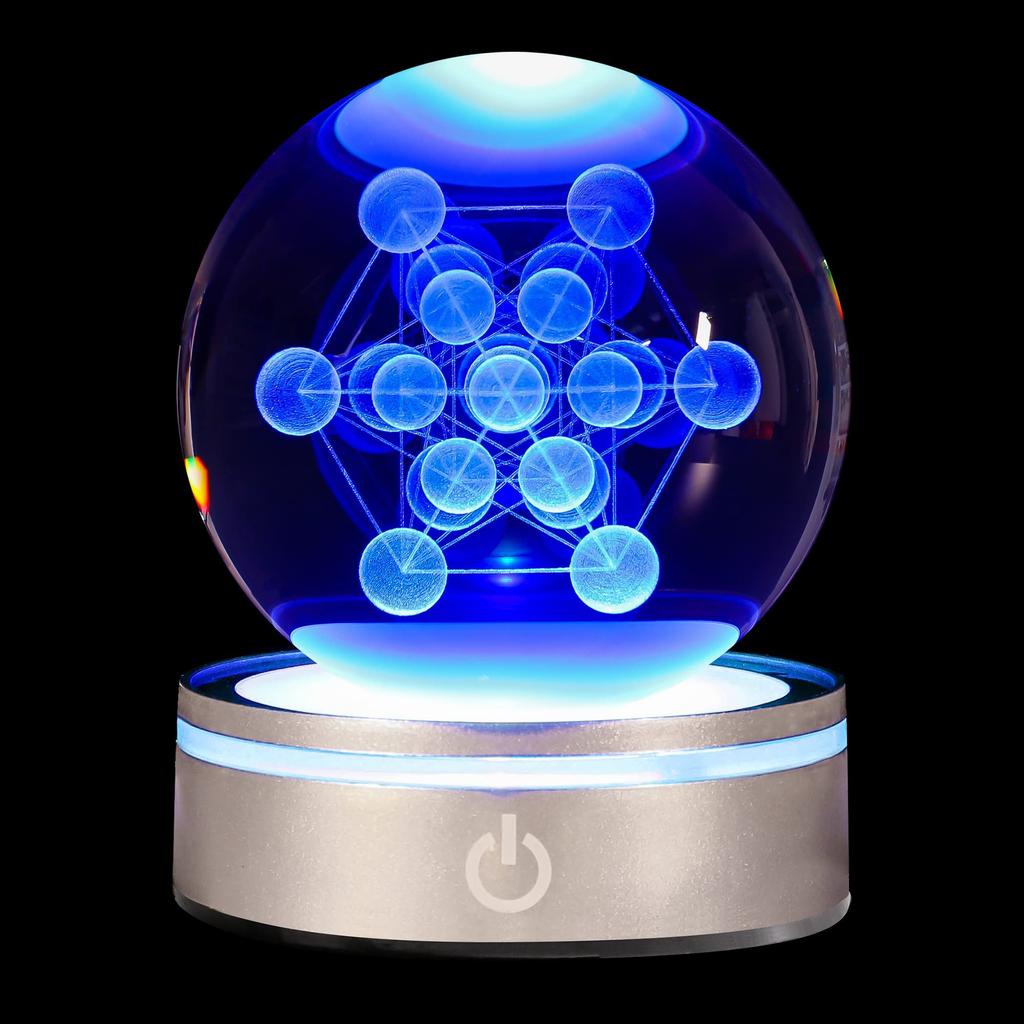 3D LED Colorful Lighting Cube Crystal Ball with Touch Luxury Handmade Crystal Flower of Life Original Luminous Clear Crystal Ball Base, Ball,