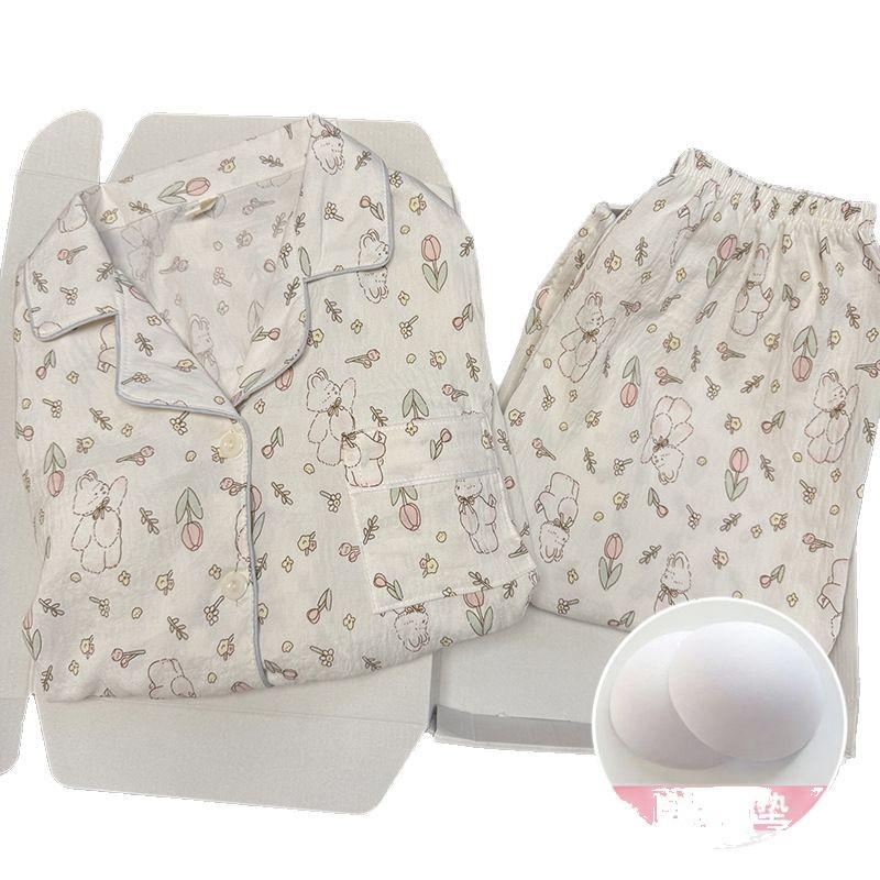 Damen Cartoon Pyjama-Set aus Wolkenbaumwolle mit Brustpolster - Langarm-Cardigan und Revers für Frühling und Herbst