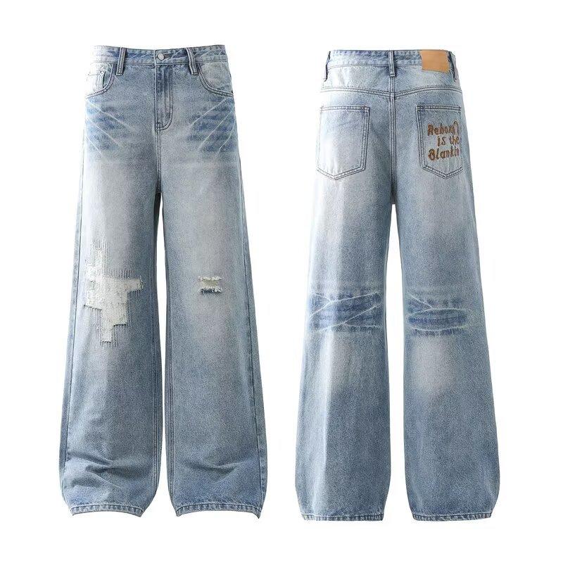 

JYL Unisex Straight Jeans American Vintage Blue Ripped High-Street Loose Cleanfit Denim 3XL