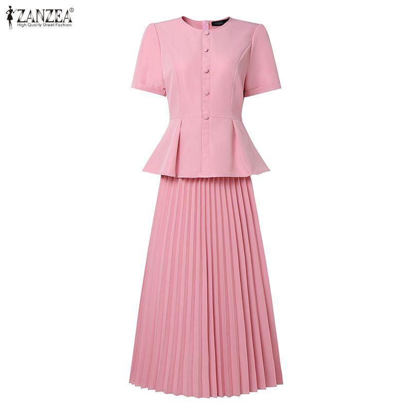 ZANZEA Women Short Sleeve Blouse and Skirts Casual Two Piece Suit Sets