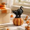 Black Cat Sculpture with Pumpkin Halloween Ornament, Vintage Wood Carving Style Decorative Resin Crafts for Entrance Figurine, Spooky Tabletop