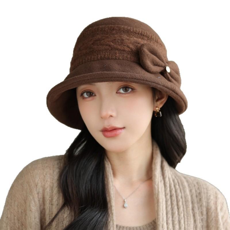 Autumn and winter thickened warm knitted basin hat women's bow bucket hat versatile face little mother hat women's