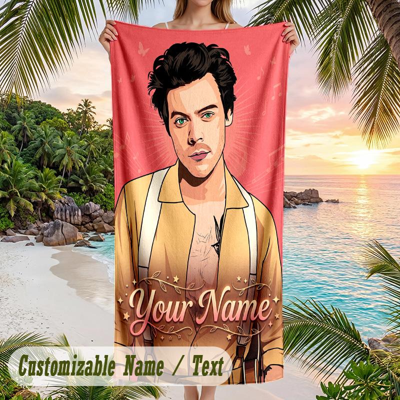 Harry Styles Beach Towel, Personalized Custom Name Text, Quick Dry Large Absorbent Towel For Beach Pool