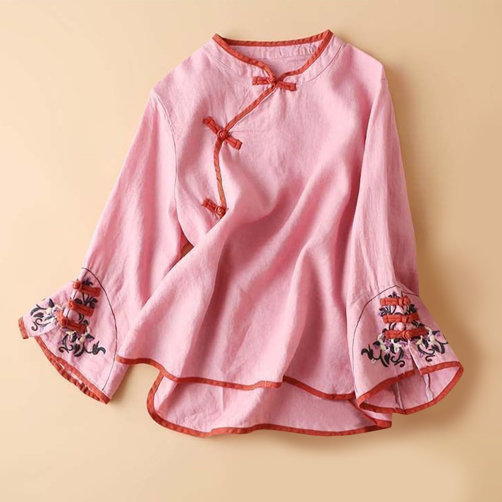 

Women Long Sleeve Style Casual T Shirt Top with Embroidered Bell Sleeves and Asymmetrical Hem for Layering or Outerwear XXXXL