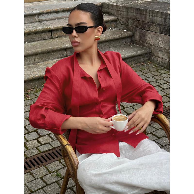 Spring And Summer Lace-Up Waist-Cinching Ribbon Blouse For Women Elegant Tie Neck Linen Button Up Tops