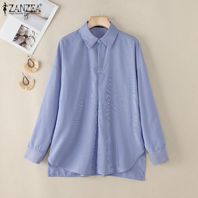 ZANZEA Women Casual Turn Down Collar Long Sleeve Stripe Blouse