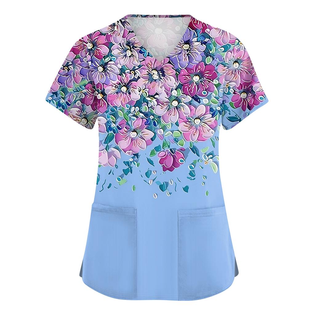 Dames Leuke Stippenprint Werkkleding V-hals Dubbele Laag Zakken Basic Top met Korte Mouwen Pullover