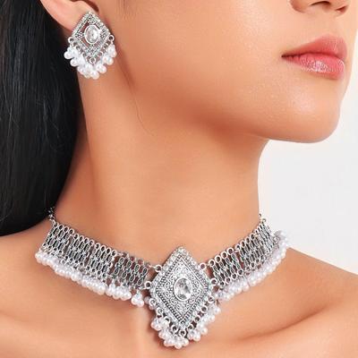 Ethnische geometrische Perlenquaste Rhombus Halsketten- & Ohrring-Set für Damen