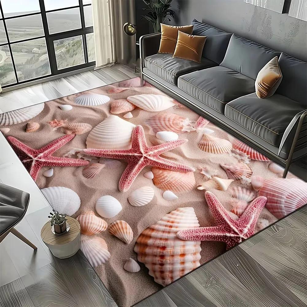 Starfish Beach Shell Sand Pattern Area Rug Coastal Ocean Carpet for Living Room Bedroom Kids Play Room Non-Slip Floor Mat
