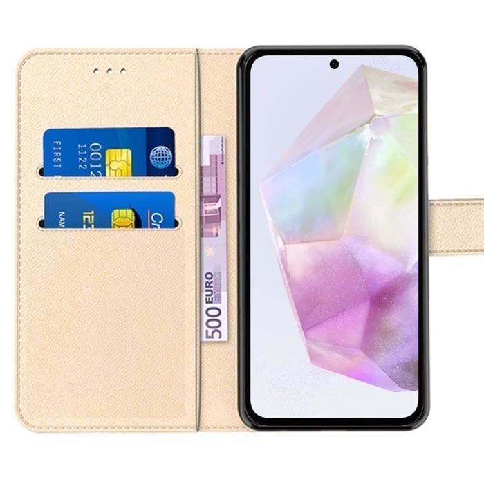 Coque de protection - BOOLING - pour Samsung Galaxy A35 5G - Cuir Synthétique - Doré - avec 2 Verres trempés