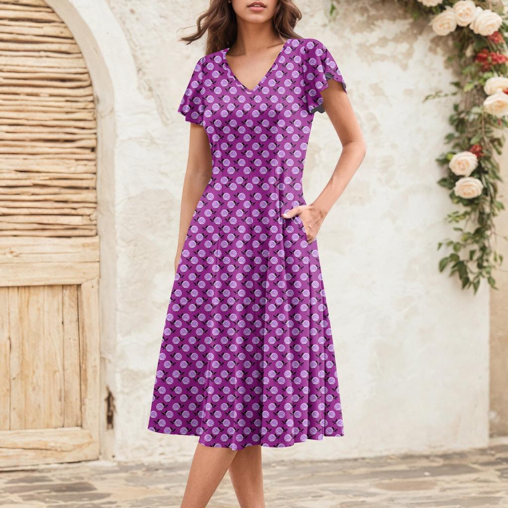 Rochie Midi Elegantă Retro de Vară pentru Femei cu Mâneci Volan V-Gât