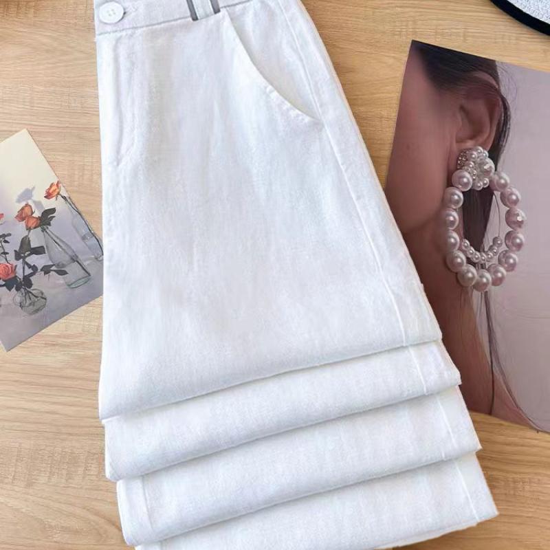 White Tencel Cotton Linen Wide-Leg Pants for Women, Draped New High-Waist Summer Thin Linen Straight Pants