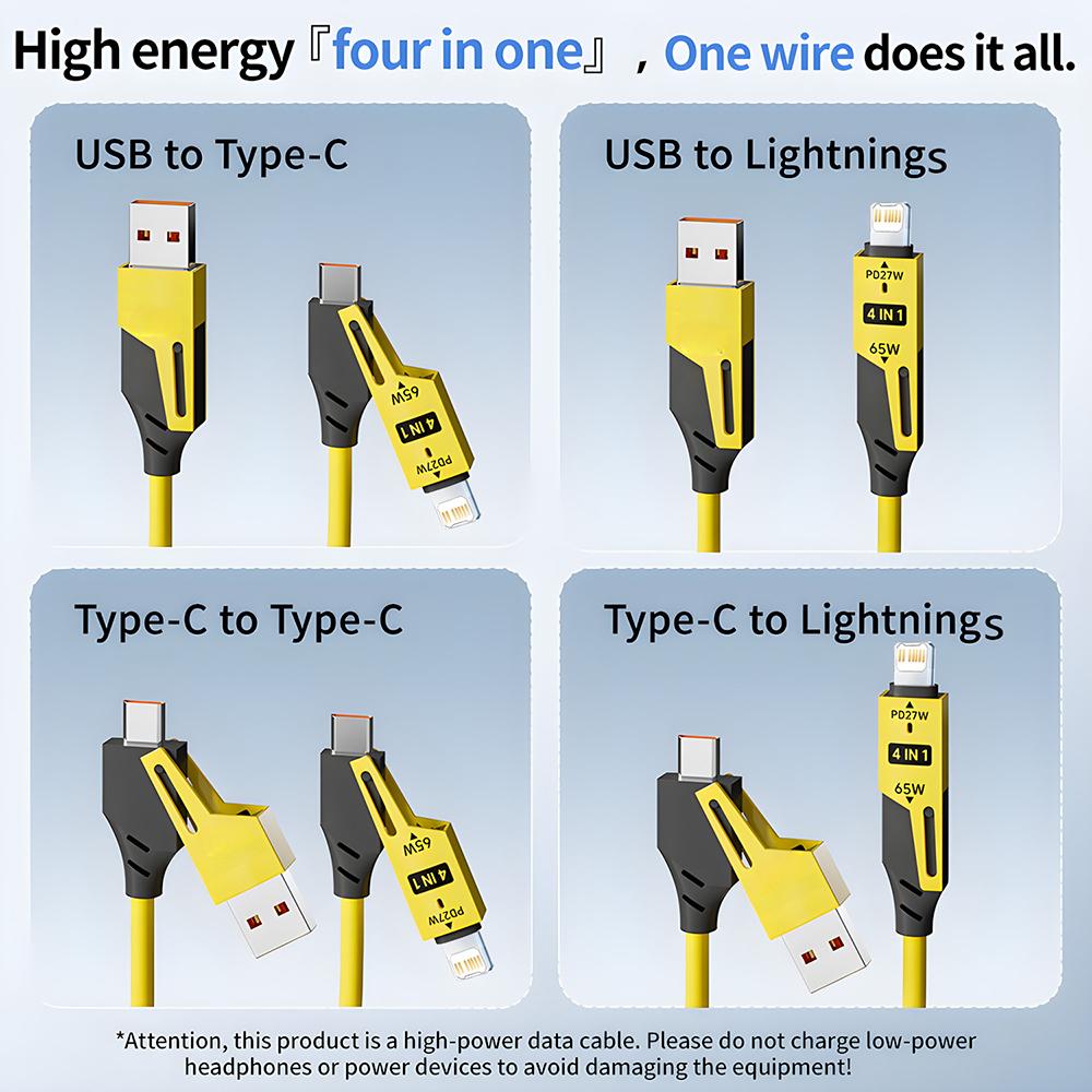 65W 4 in 1 Fast Charging Spring Short Data Cable 6A USB Type C Spring Telescopic Quick Charger Wire for iPhone16 15 iPad MacBook