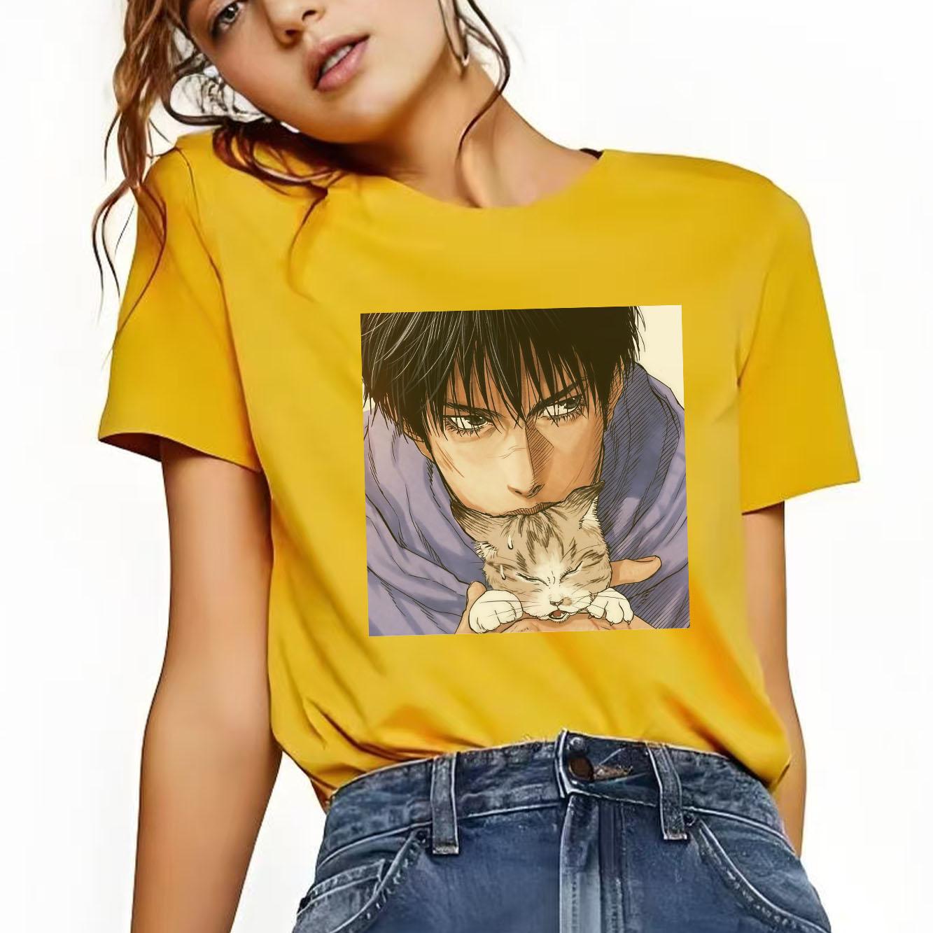 Fashion cartoon printed pattern holiday Tshirt short sleeved round neck casual versatile Womens Tshirt S