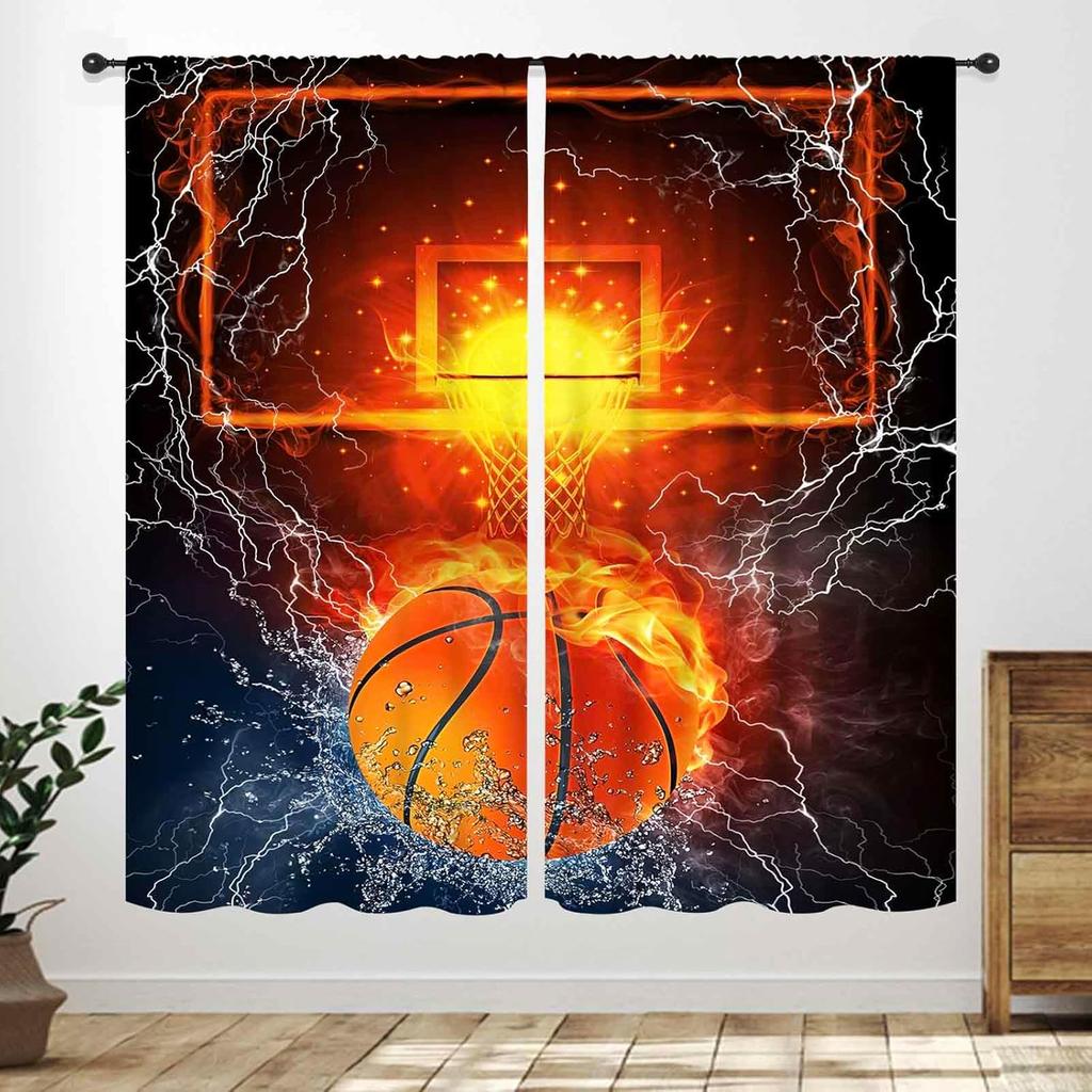 Basketball Curtains Teens Ball Sports Blue Red Flame Match Game Teen Boys Kids Bedroom Living Room Playroom Nursery Curtain For Sitting Polyester