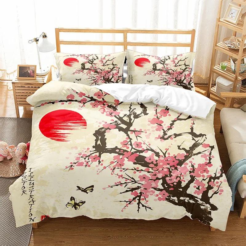 Japanese Duvet Cover Branch of A Flourishing Sakura Tree Flowers Cherry Blossoms Spring Art Polyester Bedding Set Full/King Size