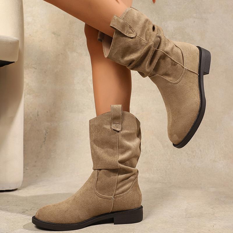 Autumn Winter Low Heel Mid Calf Boots Women  Plus Size Slip On Western Boots Woman Vintage Pleated Design Flock Botas Mujer