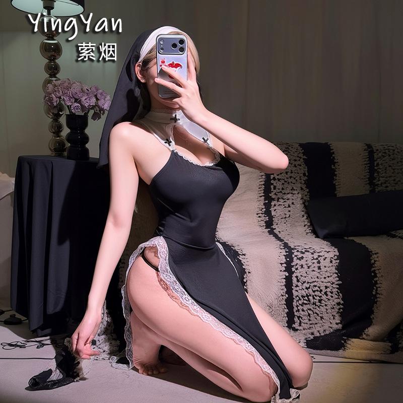 Sexy lingerie sexy cosplay nun uniform high split lace dress hollow halter uniform