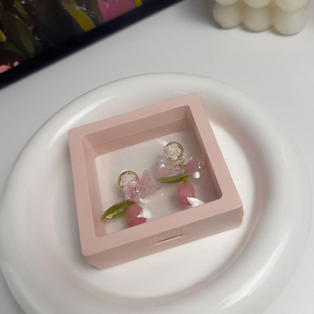 Pinkdudu 2023 Sweet Pink Rose Green Leaf Drop Earrings Fashion Creative Silver Needle Flower Earring for Women Jewelry PD1459