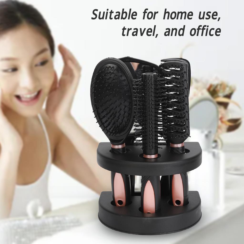5PCS Hair Brush Set Paddle Hair Brush Detangle Massage Styling Comb Mirror And Holder Stand Set