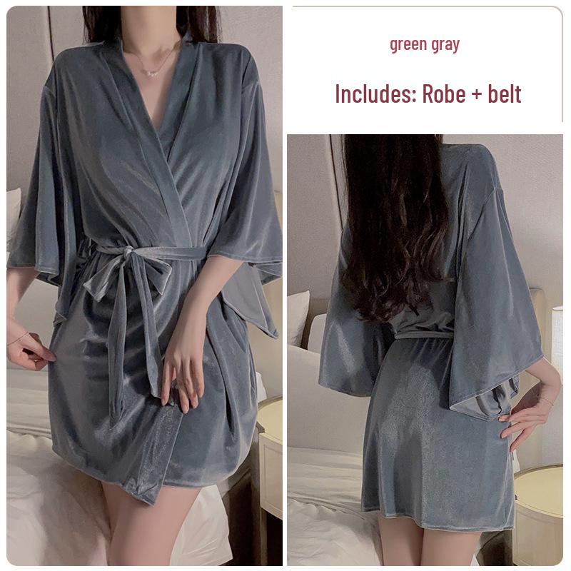 Gorgeous Lace See-Through Deep V Velvet Nightgown & Robe Set with Padding - Sweet Temptation 3908