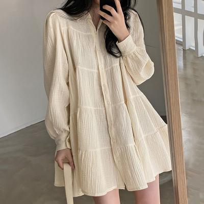 Women Korean Spring Loose Bubble Sleeve Dresses Pleated Elegant Cute Turn-down Collar Shirt Dress Summer