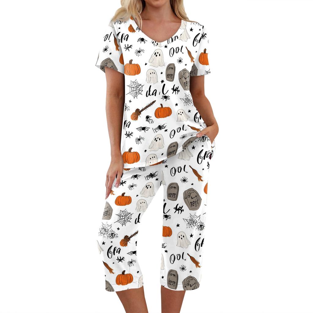 Women's Festive Halloween Print Tracksuit Set - 2 Piece Short Sleeve Top & Cropped Pants, Casual Costume Outfit for Fall Party