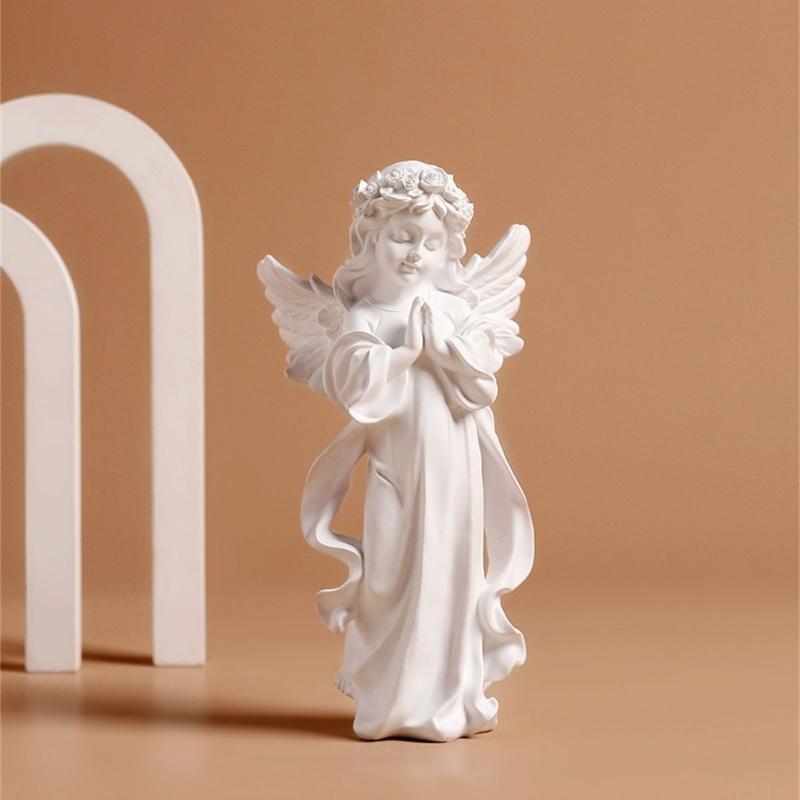 Resins Little Angel Girl Statue Artistic Desk Decors Nordic Styles Praying Cherub Sculpture With Wing Religious Gift
