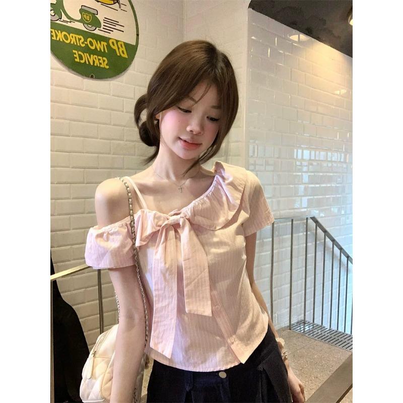 Gentle Sweet Spice Girl Slant Neck Off-Shoulder Bow Short Sleeve T-Shirt Summer Fashion High Sense Slim-fit Versatile Top Ins