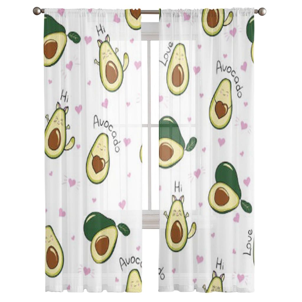 Niedliche Avocado- und herzförmige Tüllgardinen zur Wohnzimmerdekoration Moderne Schleier-Chiffongardinen Schlafzimmer Transparenter Voile