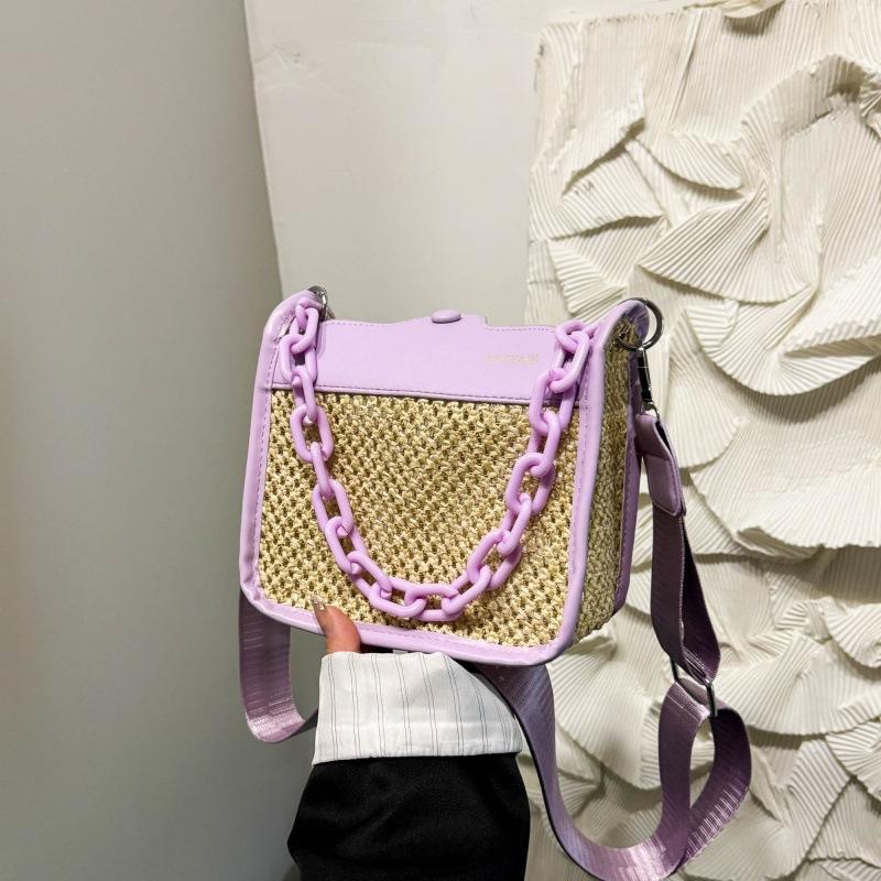 Woven Chain Handbag Women's 2025 New Textured Straw Shoulder Messenger Bag Versatile Contrasting Color Small Square Bag