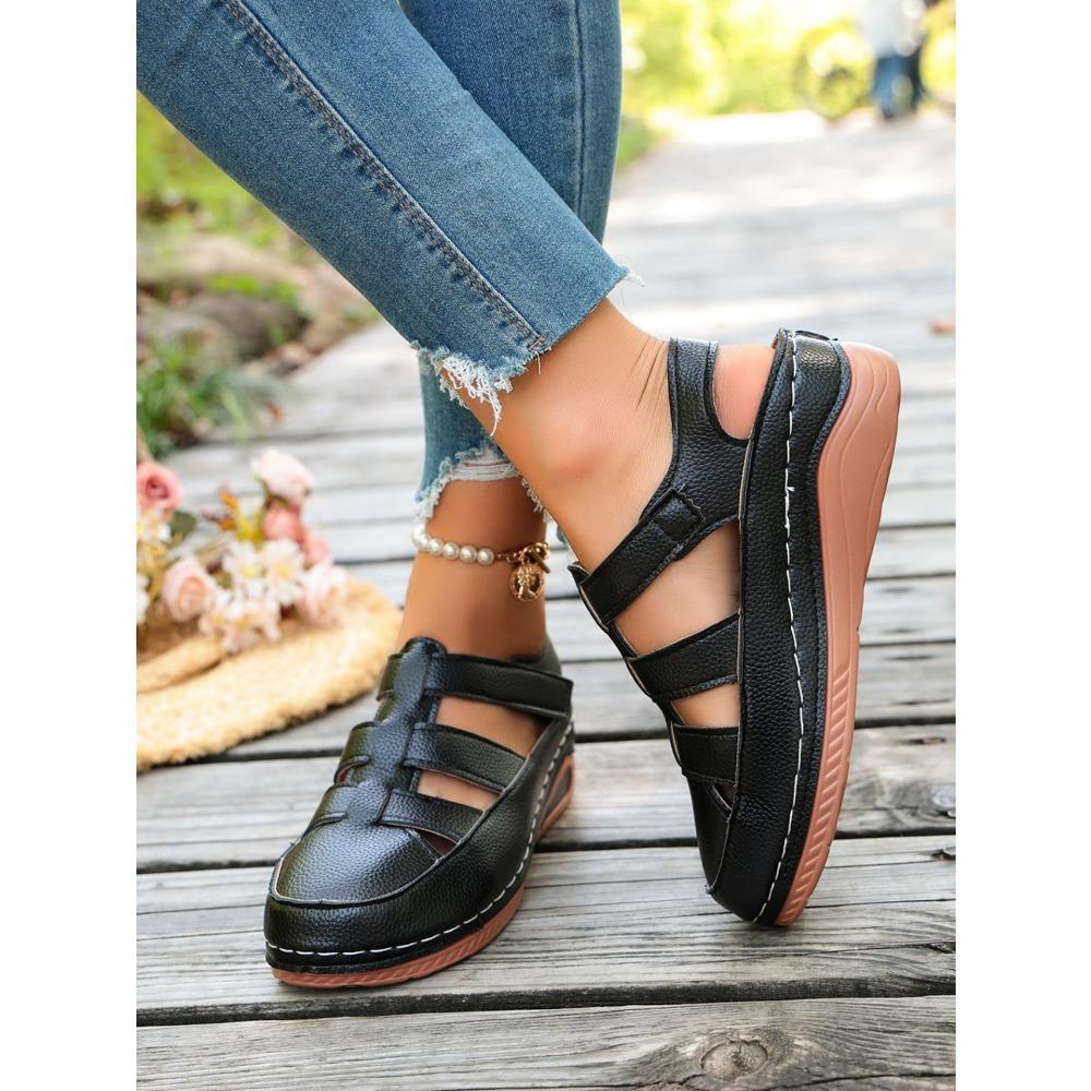 Women Platform Hollow Roman Sandals, Round Toe Wedge Heel Breathable Comfort Casual Shoes