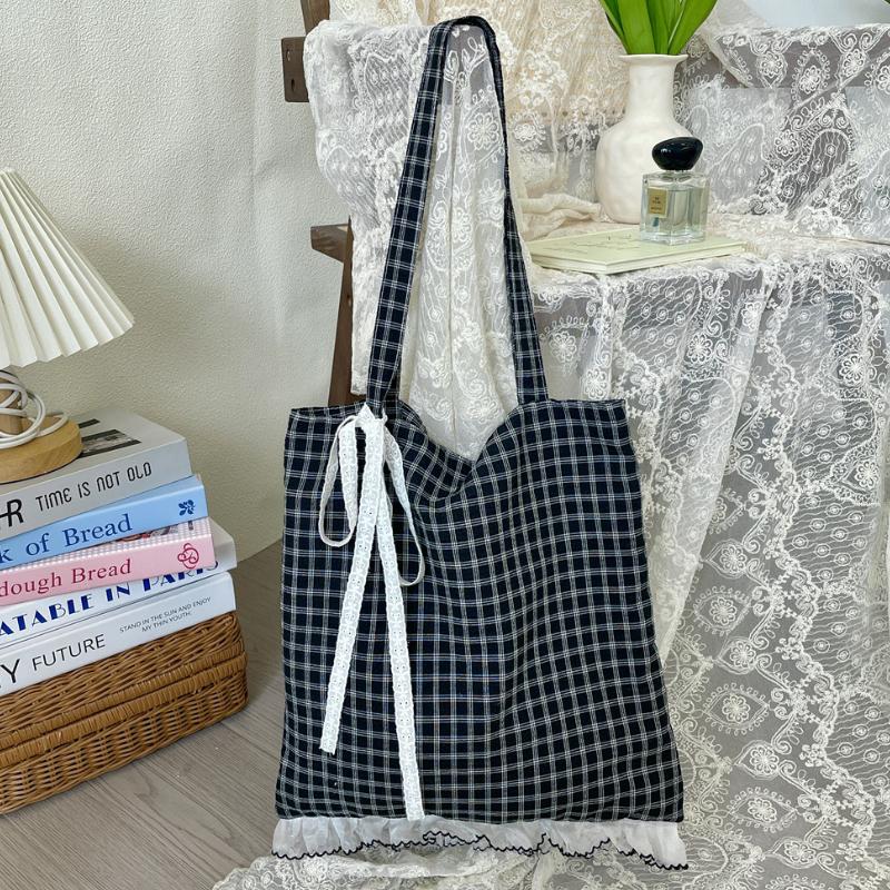 Retro Lace Bow Women's Shoulder Bag Large Capacity Girls Plaid Travel Tote Shopping Bag Commuter Female Handbags Portable Purse