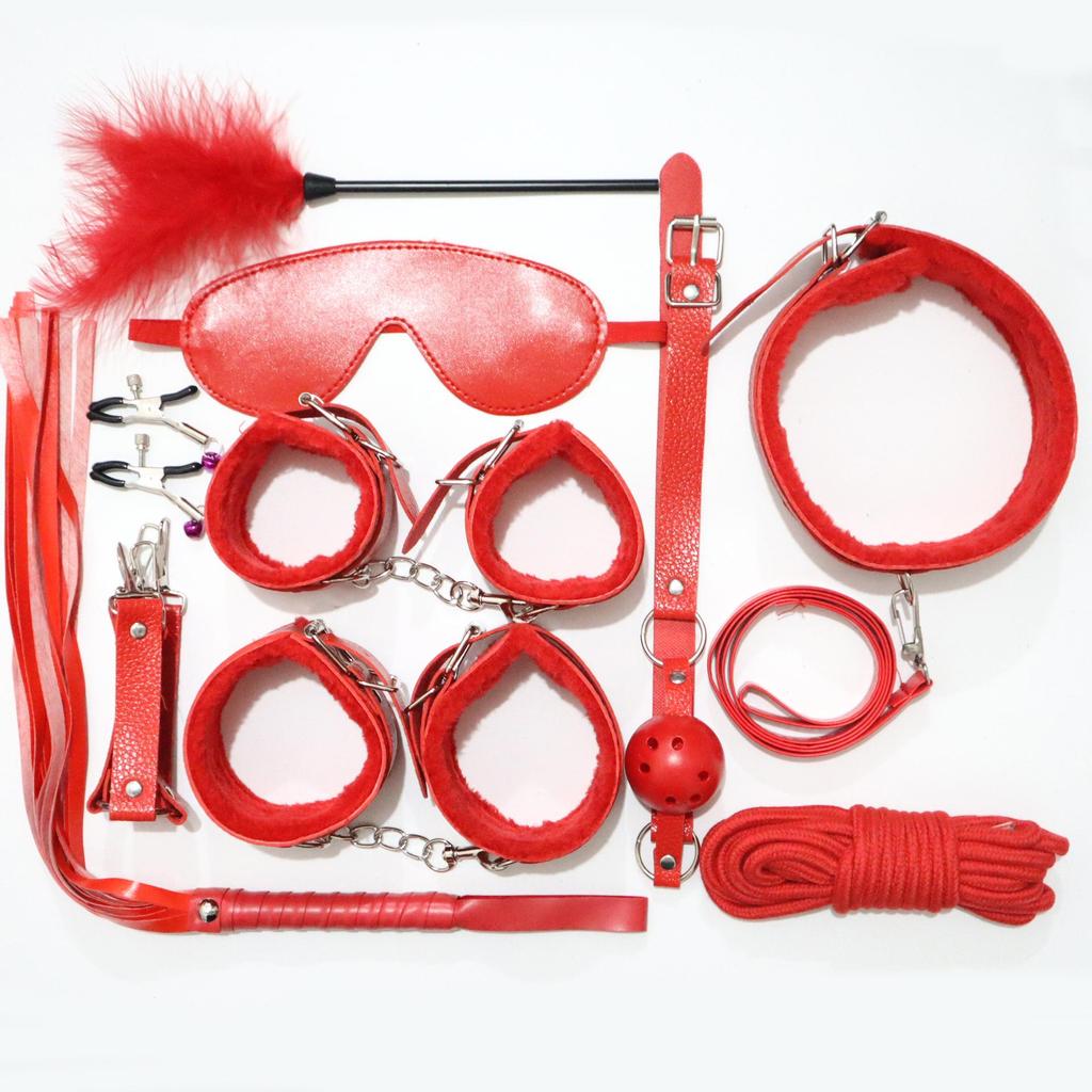 10-Piece Leather Bondage Set: Handcuffs, Collar & More for Couples
