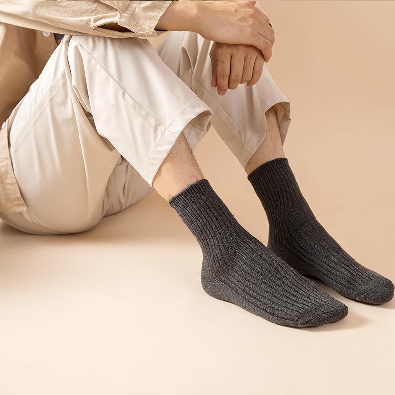 5 Pairs of Men's Autumn and Winter New Vertical Stripe Business Solid Color Double Needle Rabbit Wool Mid Tube Socks