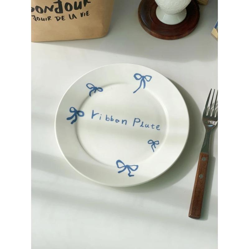 

8-дюймовая простая керамическая тарелка с бантом для завтрака в Корейском стиле для семейного десерта, торта, димсамов, плоская тарелка для фруктов, стейка, западного обеда