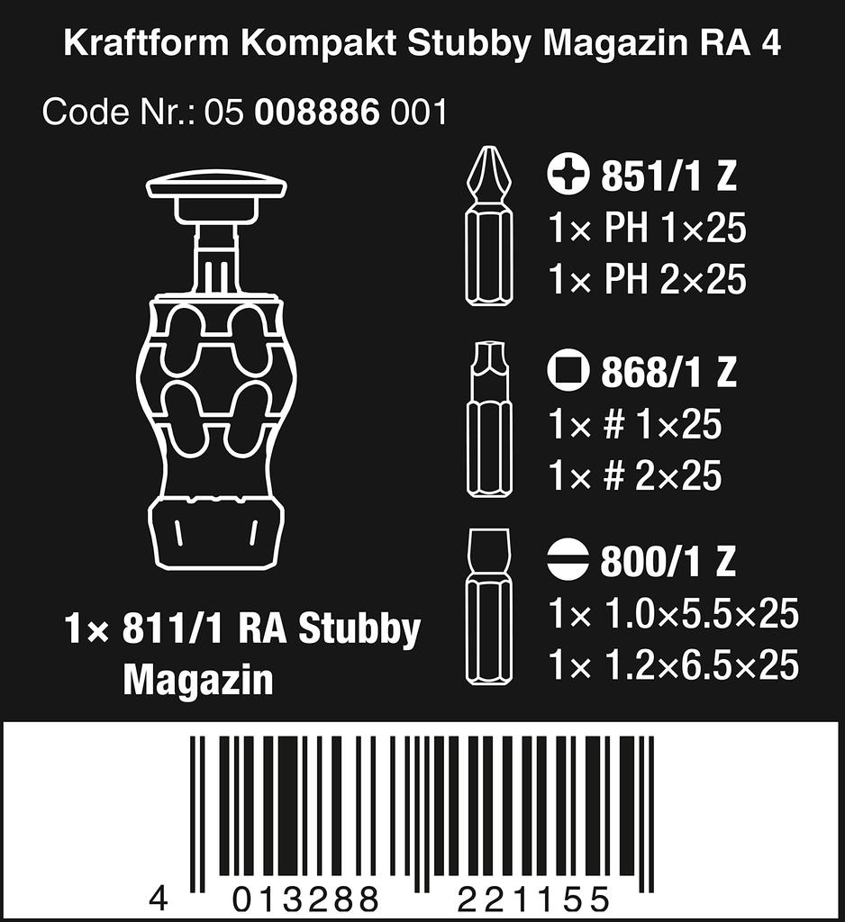 Wera 05008886001 Kraftform Kompakt Ratchet Driver Stubby Magazin RA 4 with Bit Magazine 6 Pieces Import from [Official Japan]