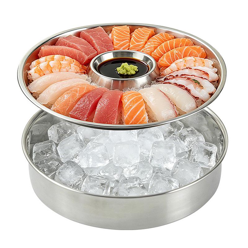 Piatto di Ghiaccio per Sashimi in Acciaio Inossidabile Rotondo Con Piatto per Salse Vassoio Espositore per Cibo Vassoio Refrigerante Vassoio Staccabile per Frutti di Mare Sushi