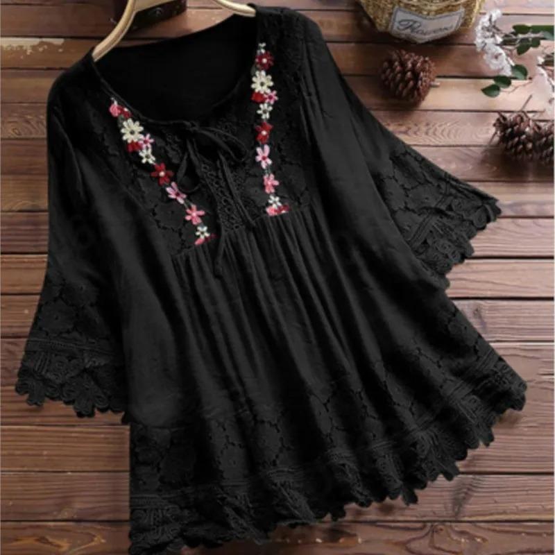 Sommerbluse Damen V-Ausschnitt Spitze Hemd Bluse Elegante Damenmode Lässig Dame Locker Leinenhemden