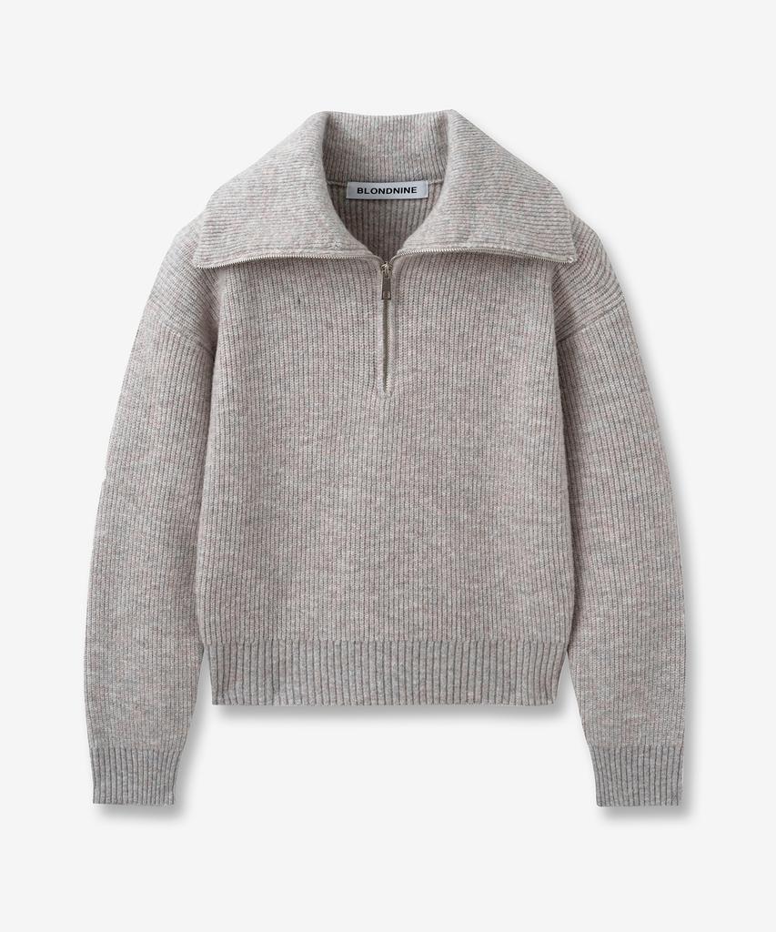 BLOND9 Volume Half Zip Rib Knit Top_Light Gray