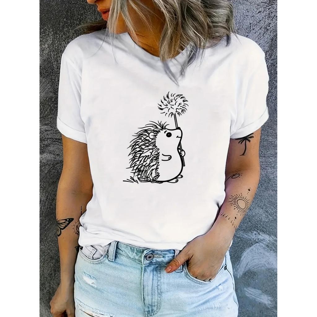 Cute Hedgehog Print T-shirt Casual Short Sleeve Crew Neck Top For Spring & Summer Women's Clothing