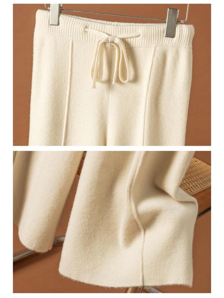 Women's High Waist Wool Wide-Leg Pants: Autumn/Winter Drape Loose Cashmere Knit Casual Wear.