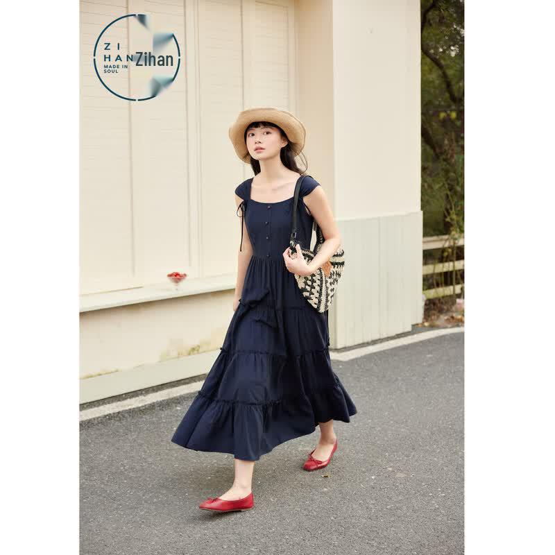 Zihan French Style Shirred A-Line Maxi Dress M