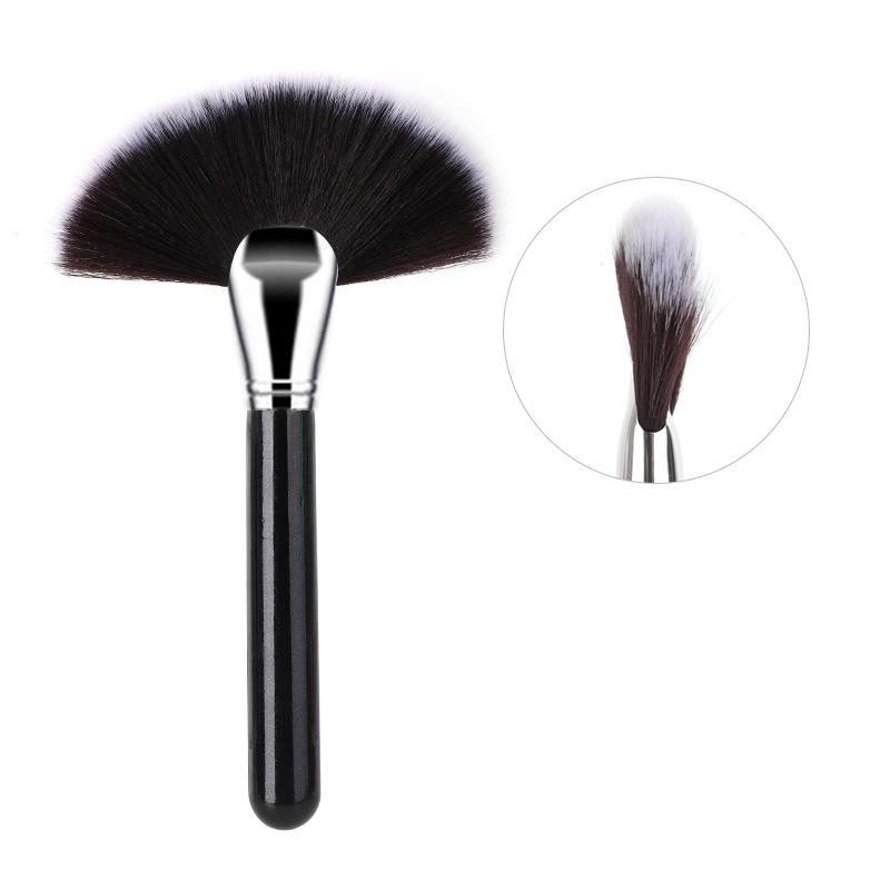 HMU High Quality Dense Fiber Hair Wholesale Black Wood Handle Fan-shaped Vegan Single Powder Large Highlight Facial Fan Brush sample size