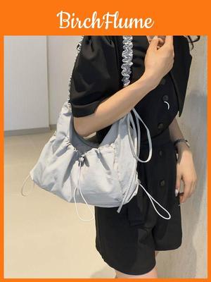Nylon Folded Shoulder Bag For Women With Drawstring Design For Casual Travel