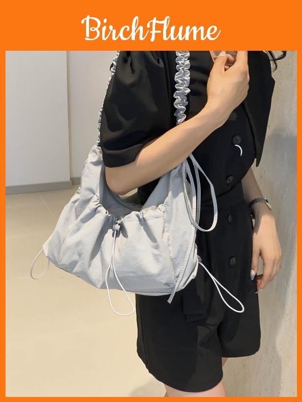 Nylon Folded Shoulder Bag For Women With Drawstring Design For Casual Travel