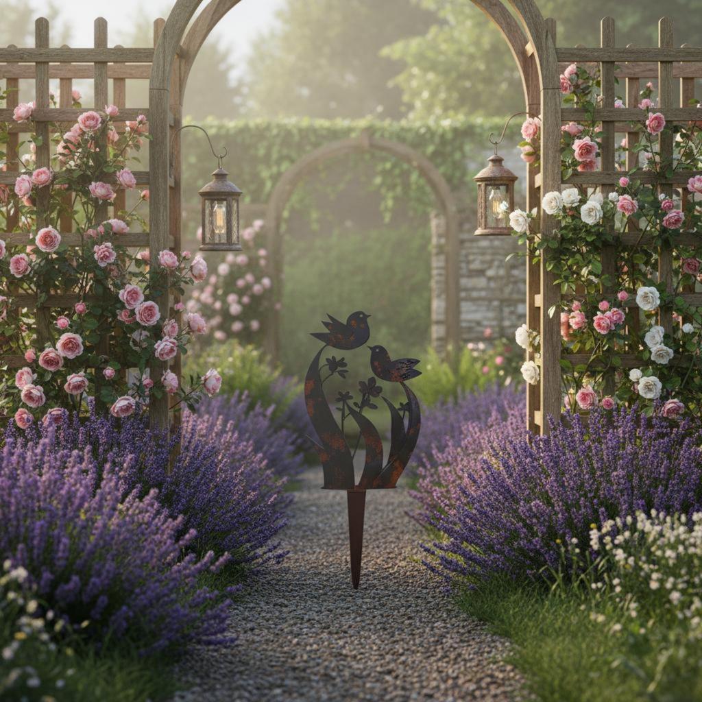 35CM Bird and Wildflower Stake Long-Lasting Bird and Flower Garden Stake Rustic Garden Art Easy to Install Rustproof