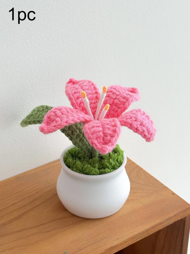 

1pc Flowers Hand-Knitted Lily Potted Delicate Crochet Woven Flowers Pot Mother s Day Valentine s Day Gift Room Home Decoration 1pc