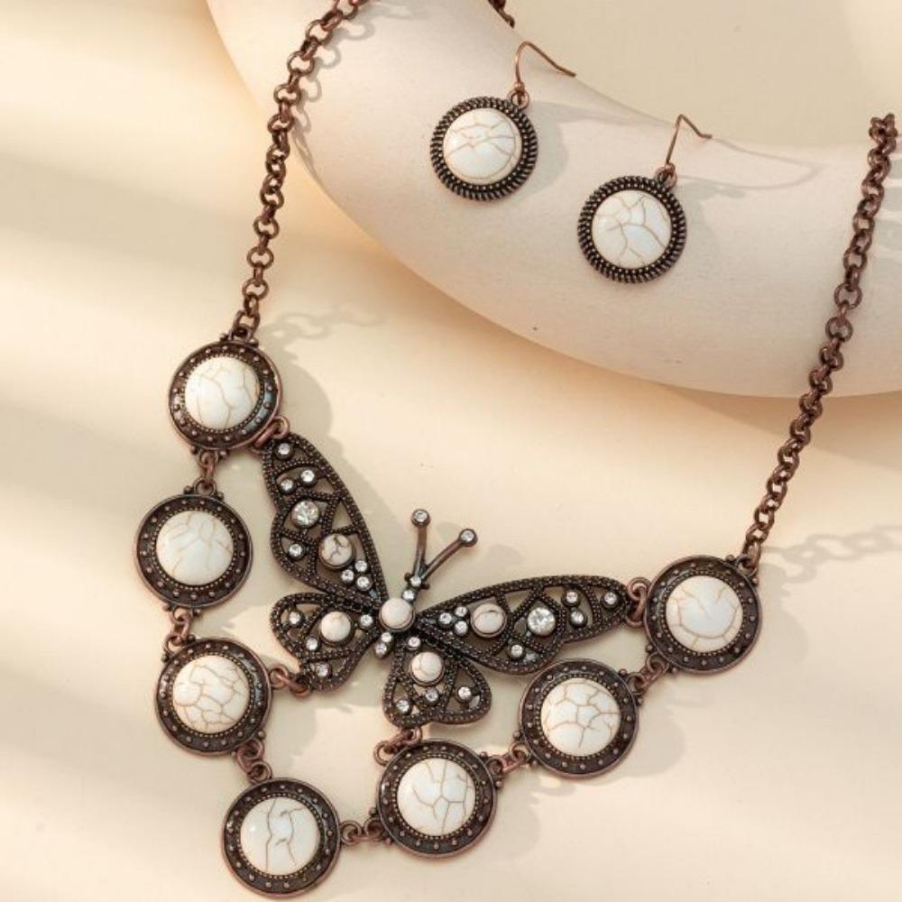 Exaggerated Bohemian Vintage Turquoise Butterfly Necklace Earrings Set Ornament