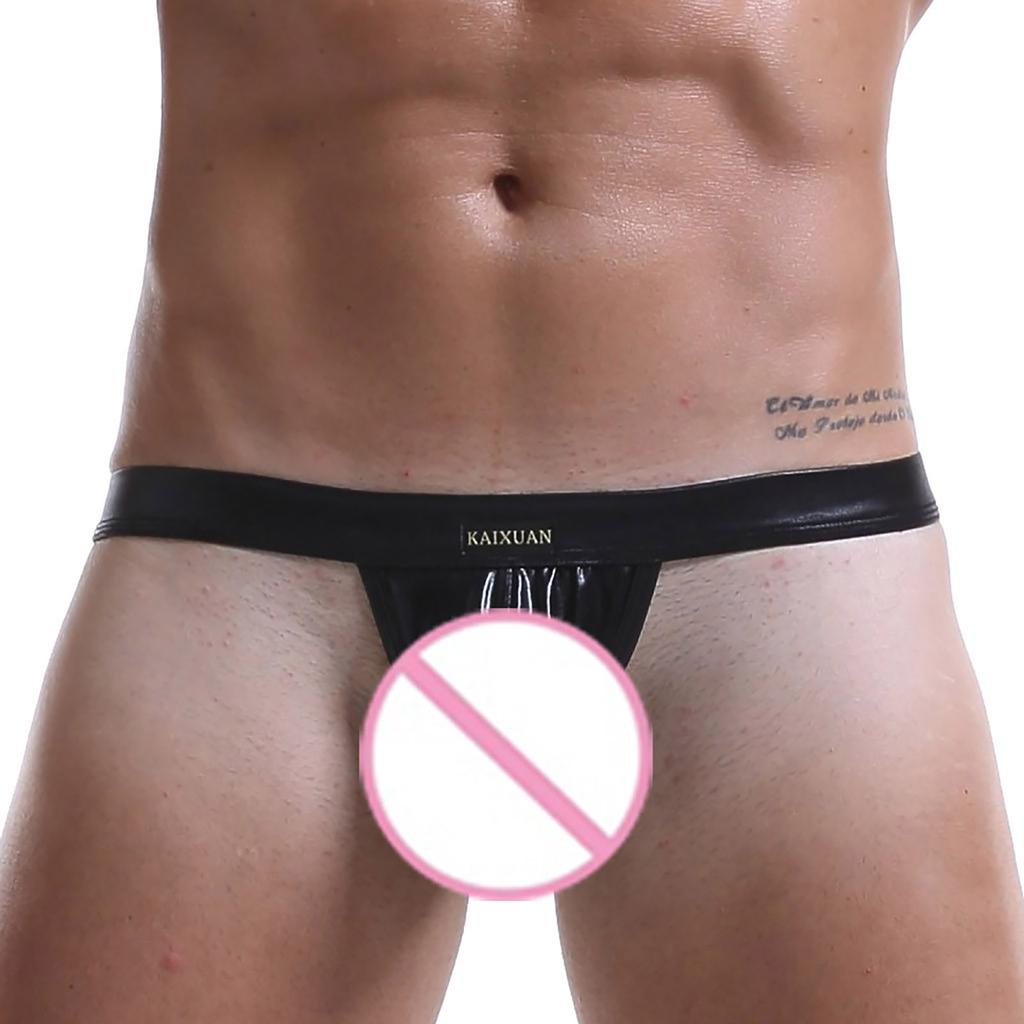 Men Sexy Underwear Bare Buttocks Leather Underpants Pouch Thong G-String